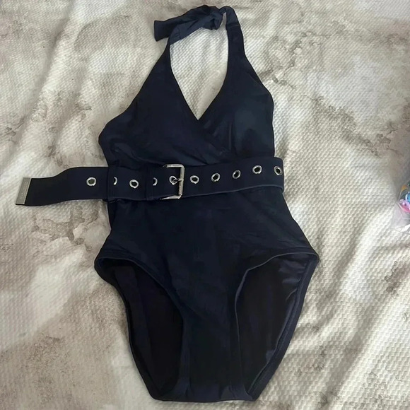 MICHAEL Michael Kors Surplice Halter One Piece Swimsuit Size 4 Navy - Picture 6 of 9